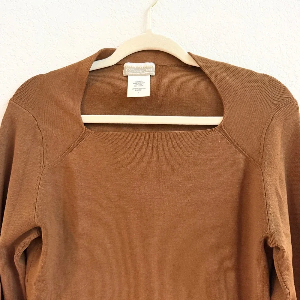 Coldwater Creek Womens Small Brown‎ Silk Blend Square Neck Long Sleeve Sweater